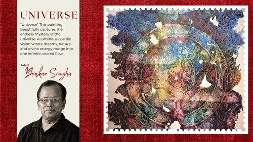 Abstract painting titled 'Universe' by artist Bhaskar Singha, featuring vibrant colors and intricate patterns resembling cosmic elements. The left side of the image includes a portrait of the artist and a description of the artwork, all set against a red t