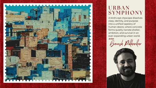 A horizontal layout featuring a red textured background. On the left is a large, rectangular abstract collage artwork titled Urban Symphony. 
