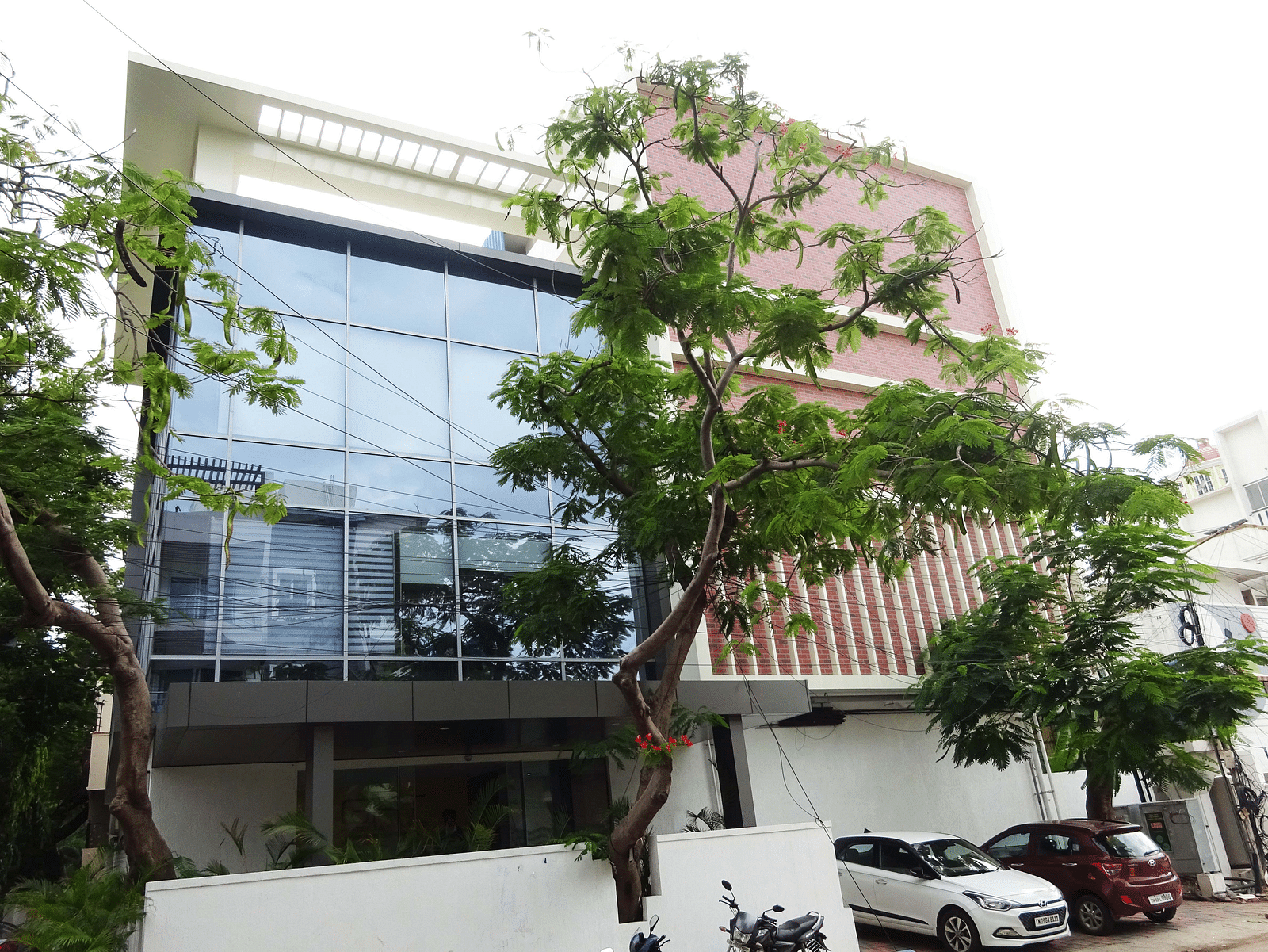 Facade of the hotel with trees and cars parked in the front.
