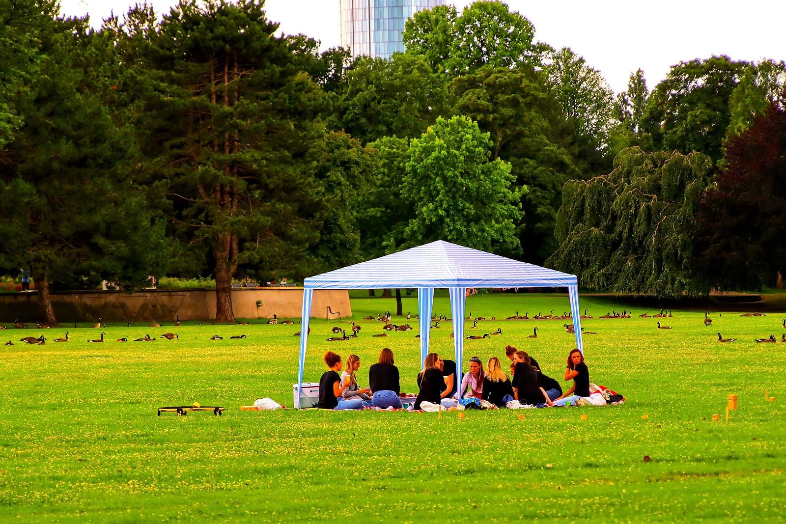 A group of people sitting under a canopy in a manicured lawn area of a park.