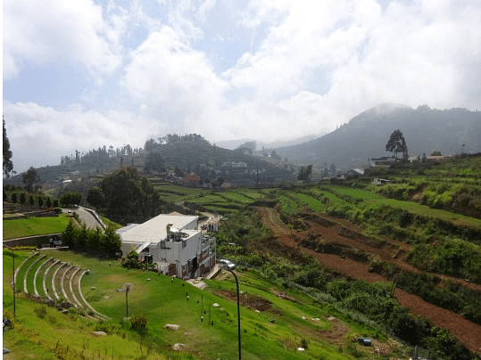View of a building from distance surronded by green garden with mountains and cloudy sky in the background.