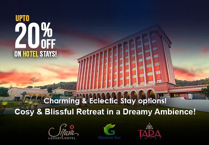 Banner for Hotels in Ramoji Film City displaying up to 20% off on hotel stay with a facade of Hotel Sitara