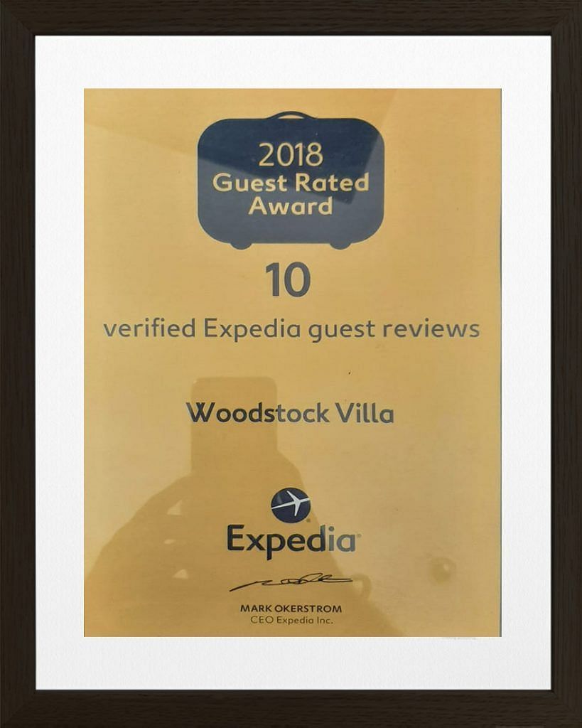 The image is a '2019 Guest Review Awards' certificate from Expedia, marked with the number 10 | Woodstock Resorts, Coorg