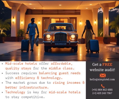 Simplotel banner with a couple pulling suitcases toward a lit mid-scale hotel at dusk, vintage car in front. Text promotes affordable quality stays, tech, efficiency, and a free website audit with Simplotel’s contact info.