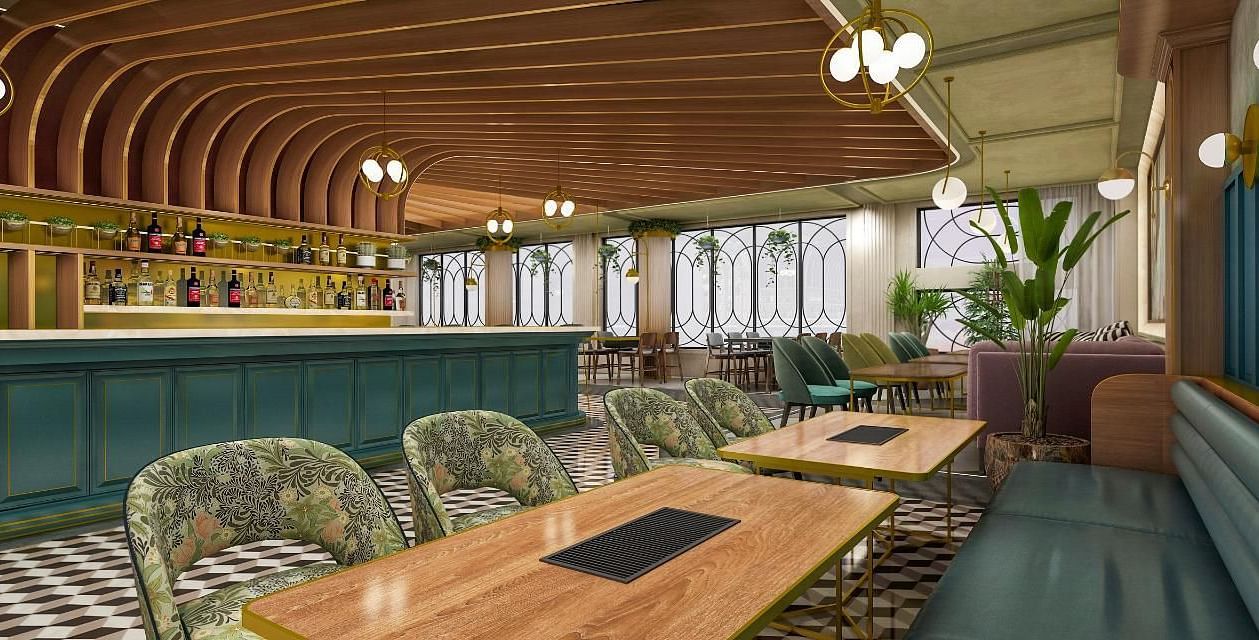 An image of a dining area at Themis Barbecure House, Panipat featuring woden furnished chairs, sofa, and table 
