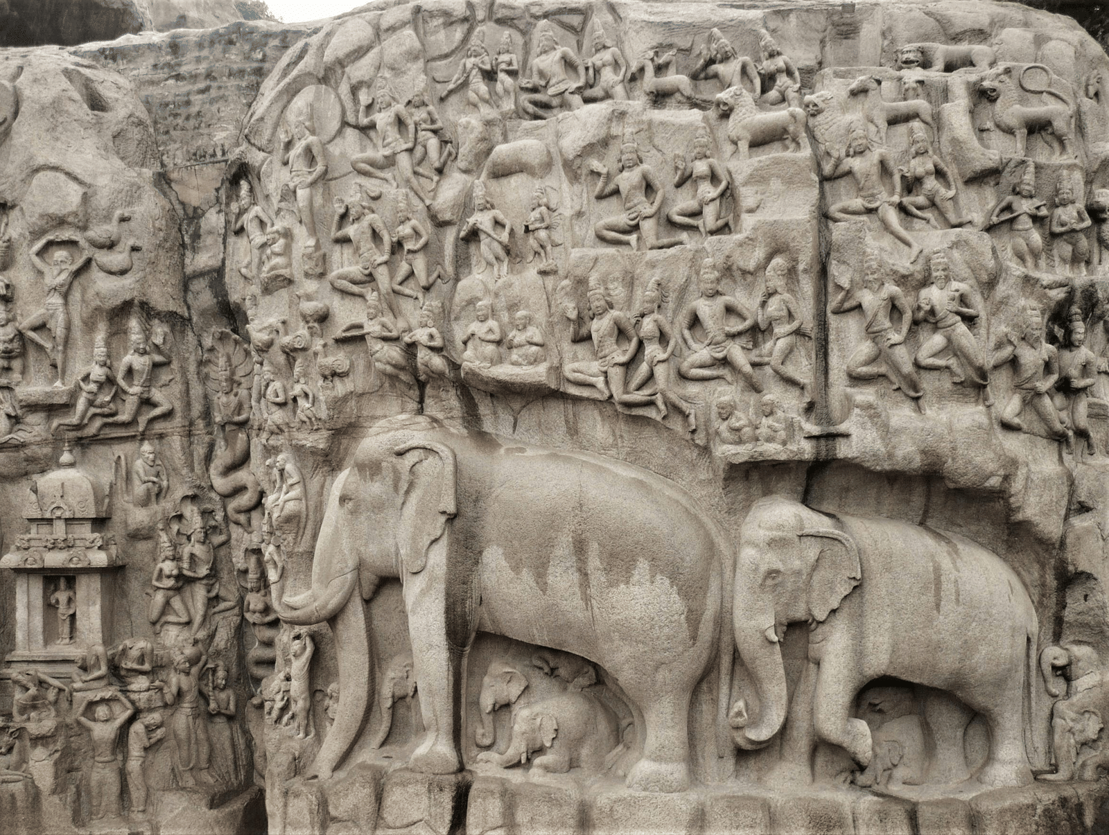 Detailed ancient stone carving depicting elephants and intricate mythological figures at Arjuna's Penance.