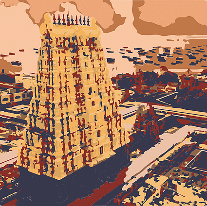 A towering gopuram rises above a busy temple town, echoing the grandeur of Dravidian architecture.