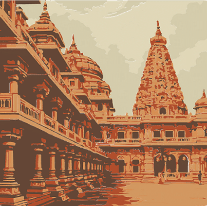 A majestic temple with intricate domes and pillars, blending divine charm and historic elegance.