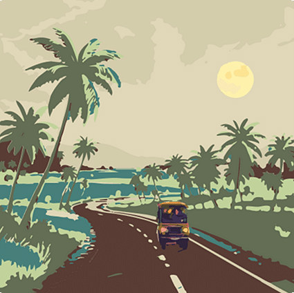 A peaceful road winds through lush palm trees and paddy fields, with an auto cruising under a mellow sun.