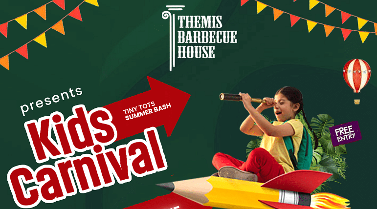 Kids Carnival at Themis Barbecue House, Panipat featuring a child riding a pencil rocket, with vibrant bunting flags, tropical leaves, and a hot air balloon. Event dates - 1st June to 30th June. The Text highlights Tiny Tots Summer Bash and Free Entry