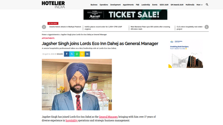 An article by Hotelier India showcasing, Jagsher Singh joins Lords Eco Inn Dahej as General Manager