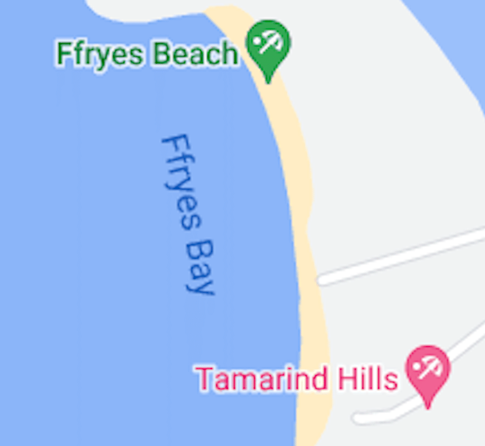 The map shows Ffryes Beach and Ffryes Bay, with Tamarind Hills located nearby on the coast of Antigua.