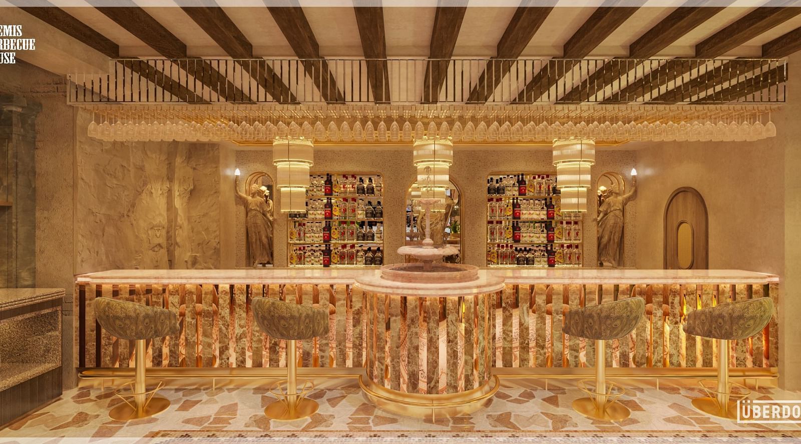 A stylish bar area with a modern golden theme and intricate decorative elements at Themis Barbecue House, Ambience Mall, Gurugram