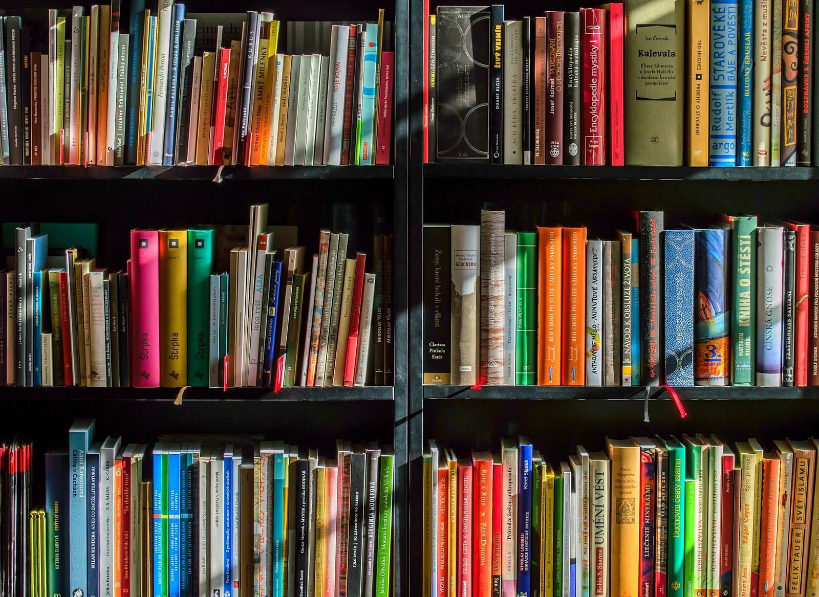 A shelf filled with an assortment of books neatly arranged on it.