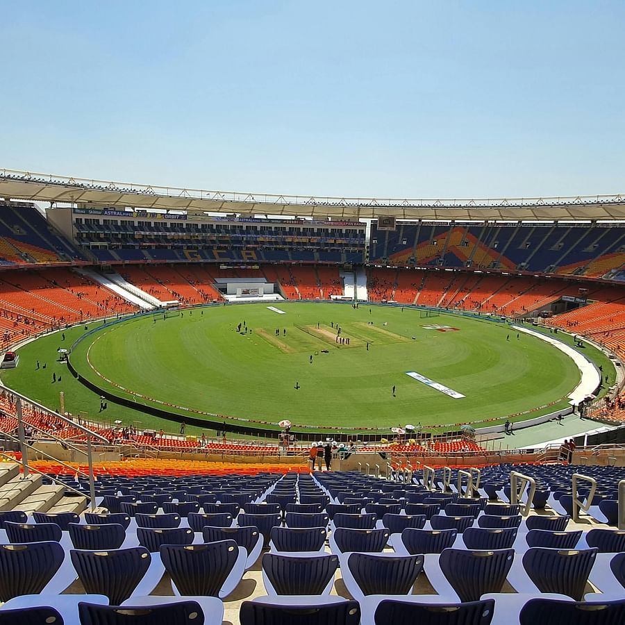interior image of the narendra modi stadium at ahmedabad, gujarat with a clear blue sky in the background