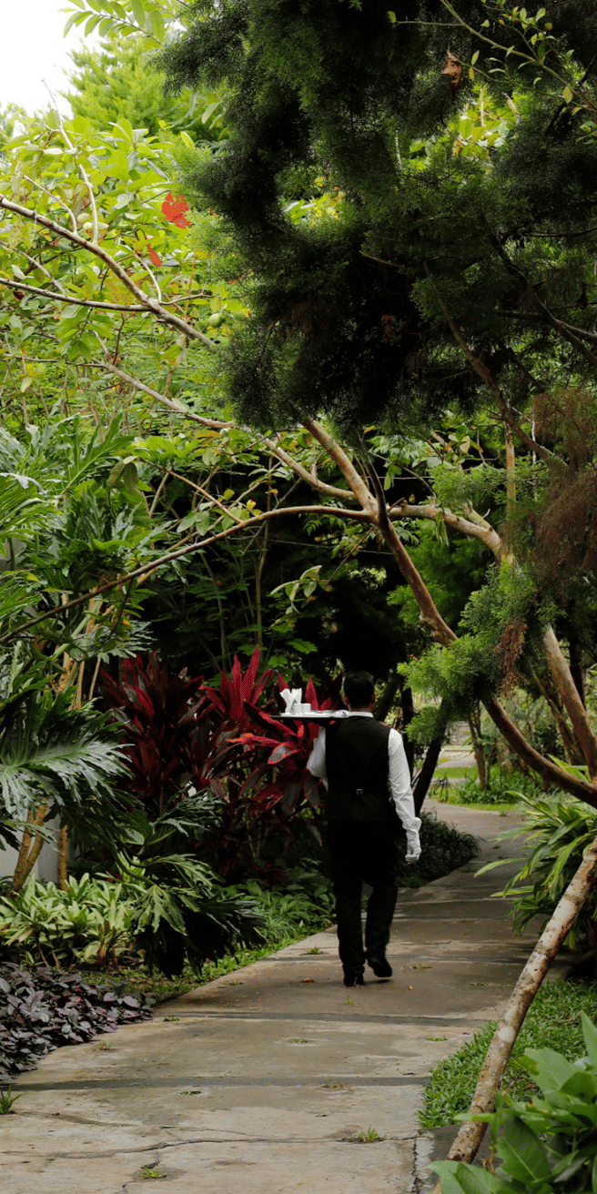 A long shot of a server with plated dishes, walking through a path covered with lush greenery on the sides at Amanvana Resort And Spa, Resorts in Coorg 