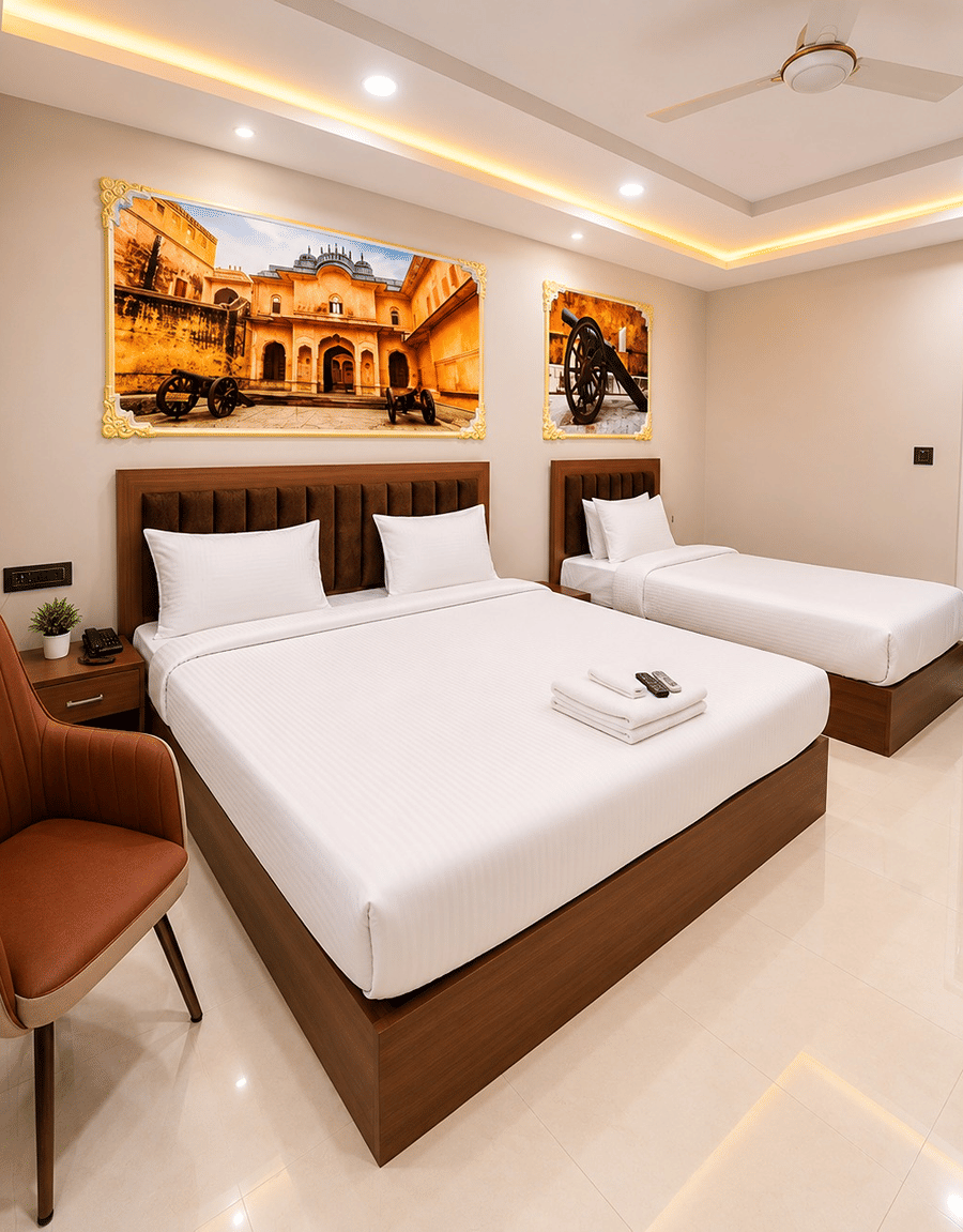 Jal Mahal Family Room with a double bed, a single bed and wall art at Lime Tree Hotel & Banquet, Jaipur