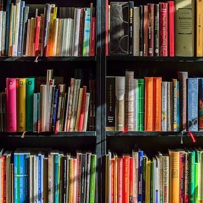 A shelf filled with a variety of books.