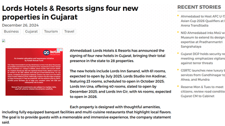 Screenshot of an article titled “Lords Hotels & Resorts signs four new properties in Gujarat,” detailing the brand’s expansion across the state.