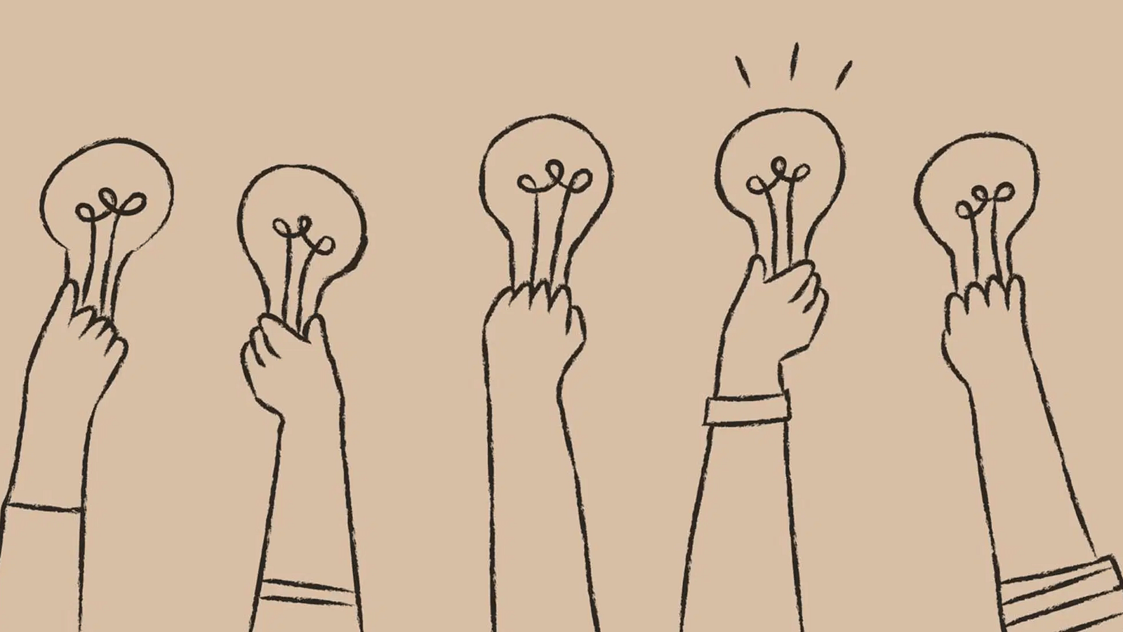 An illustration of five people raising one hand each holding a bulb.