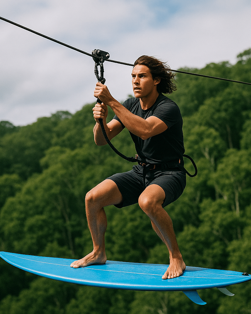 A man zip surfing surrounded by luscious green trees and a clear blue sky.