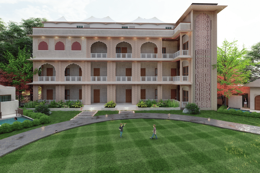 A front facing view of a 3-storey building with repetitive arched balconies, overlooking a manicured lawn and a curved driveway leading to the entrance, shown as an architectural visualisation at Ananta Elite Bharatpur.