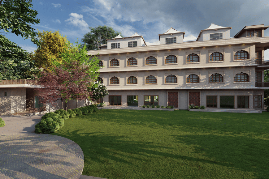 A 3-storey building with arched balconies and a sloped roof, set beside a curved pathway and an open lawn with surrounding trees, shown as an architectural visualisation at Ananta Elite Bharatpur.