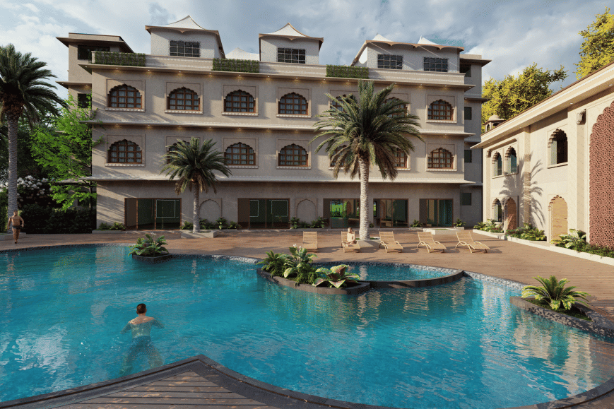 A 3-storey building with arched balconies, overlooking a large swimming pool with curved edges and a person in the water, with surrounding palm trees and paved deck areas, shown as an architectural visualisation at Ananta Elite Bharatpur.