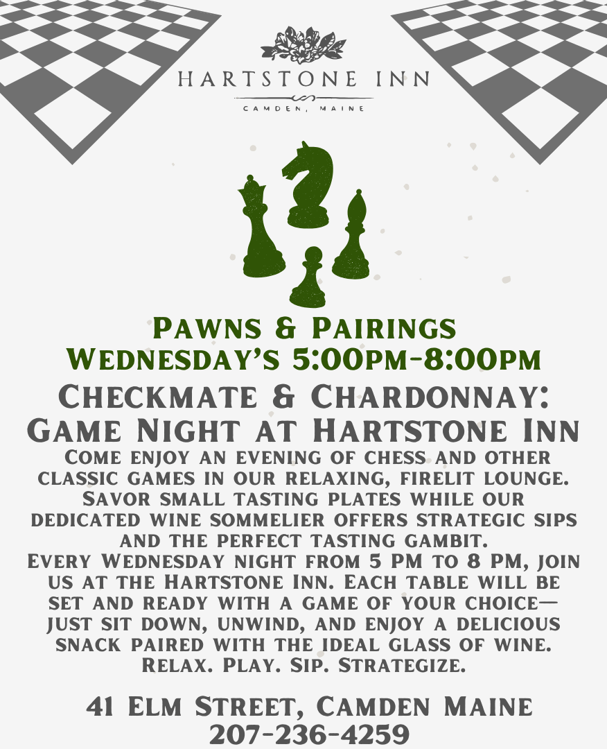 Hartstone Inn Pawns and Pairings event flyer with a black and white chess board design. It promotes a Wednesday game night featuring Checkmate and Chardonnay.