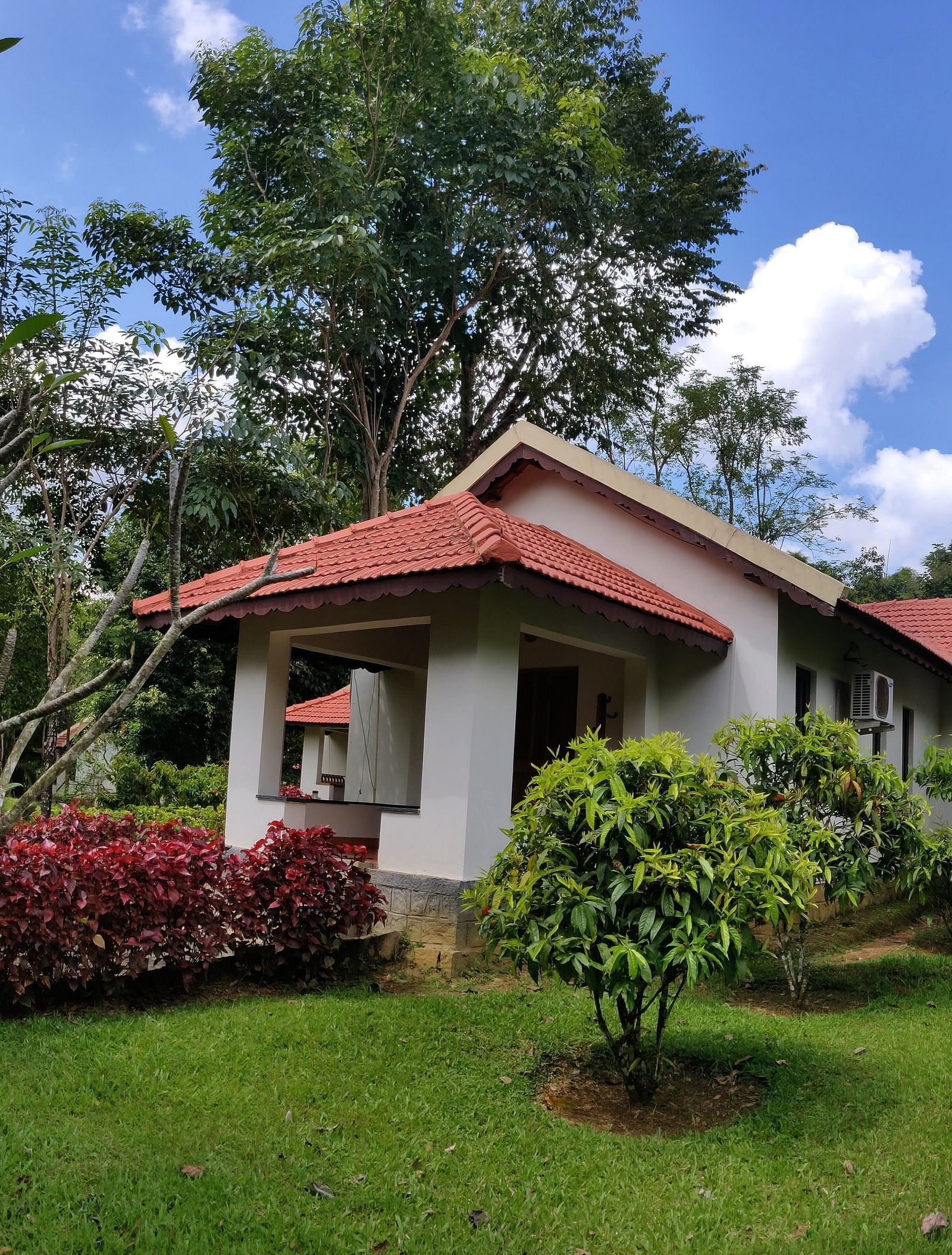 A single-story cottage with a red tiled roof and white walls surrounded by a lush garden with red-flowered shrubs, green lawns, and tall trees against a blue sky with fluffy clouds.