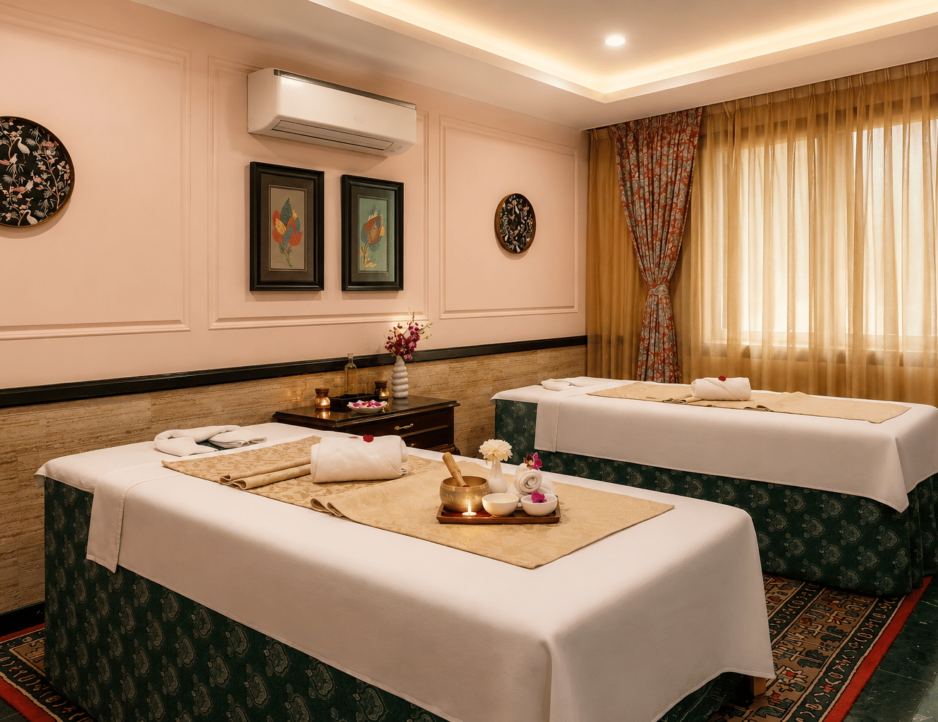 Spa treatment room with twin massage beds at Mayfair Oasis Resort, Jharsuguda