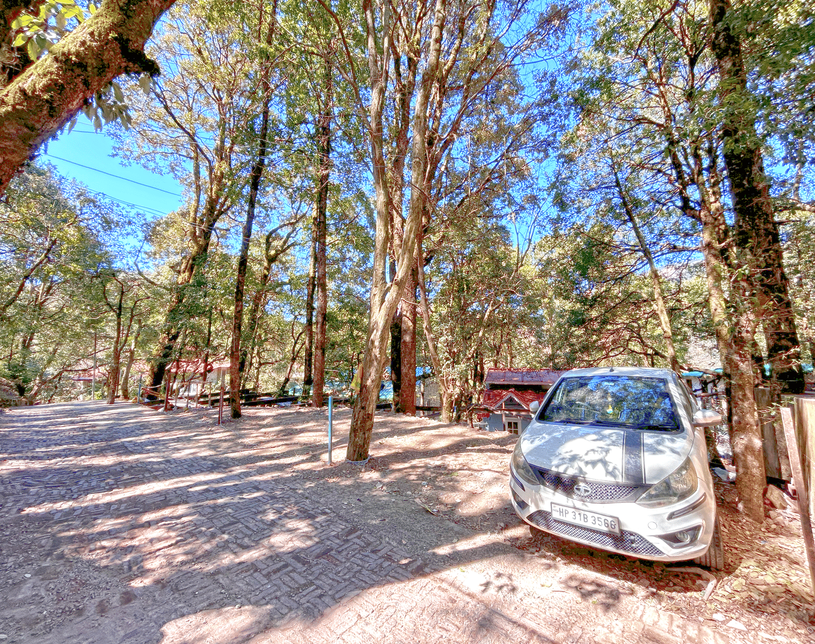The parking area of DLS The Emerald, Nainital where a car is parked and is surrounded by trees