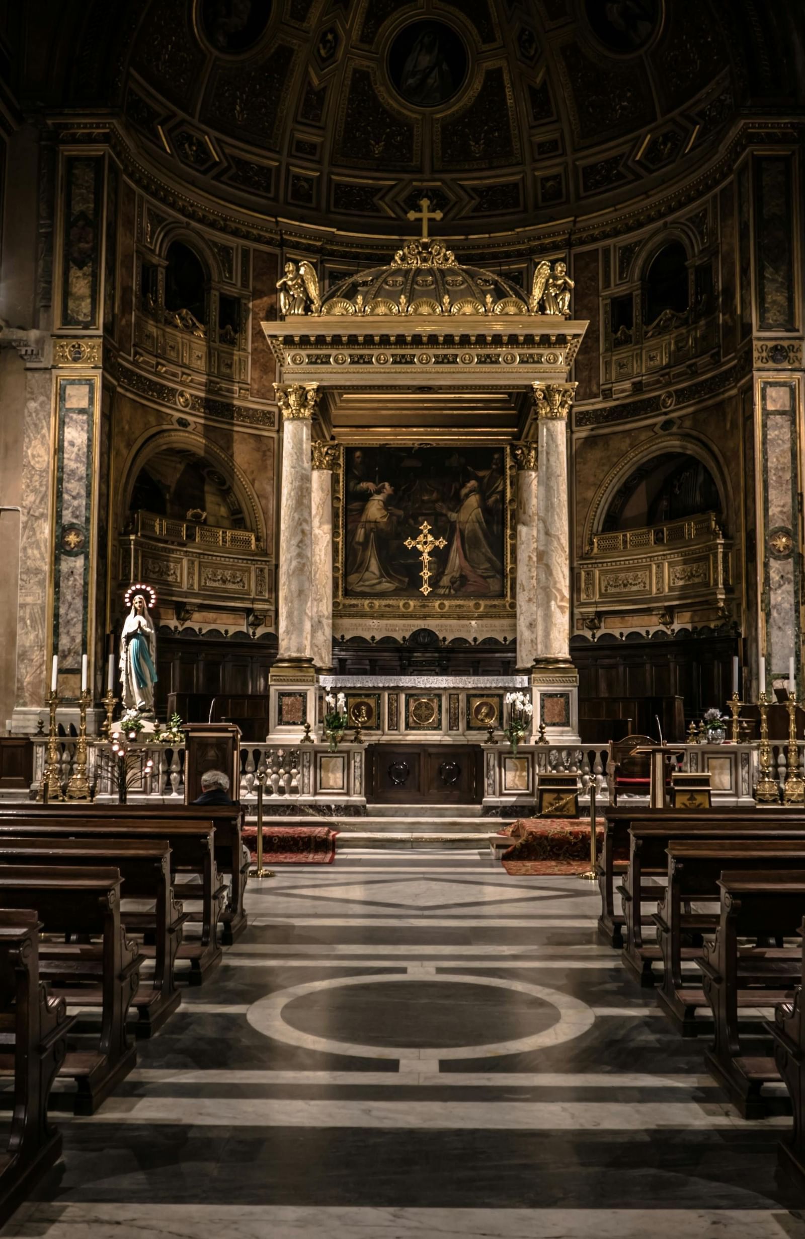 Interiors of an empty church with spot lighting