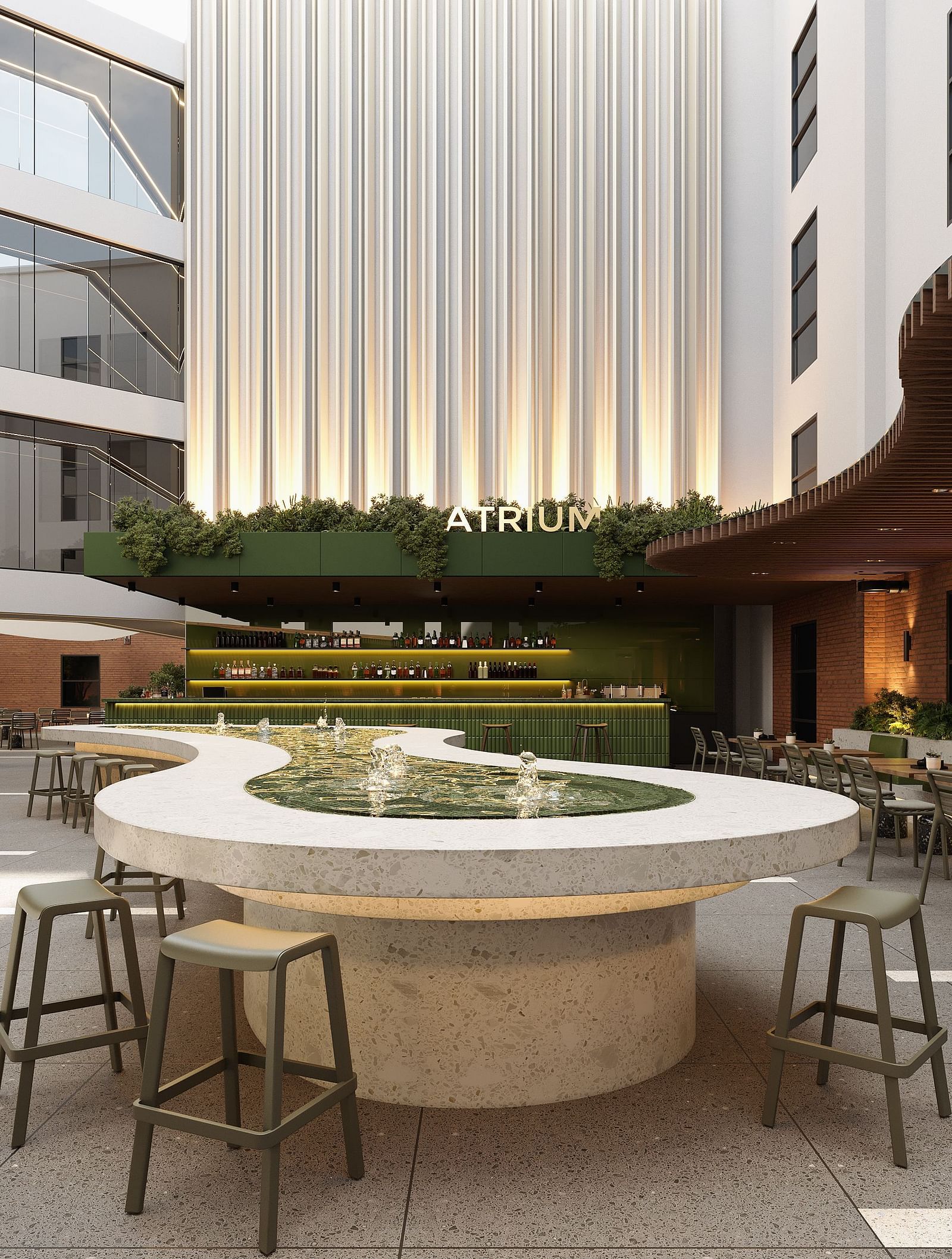 Comfortable dining seating at the Atrium at The Pelican Hotel, Accra.