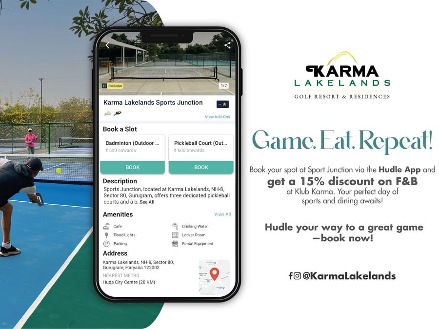 Hudle App Promotion banner showing the perks of having the app - Karma Lakelands.