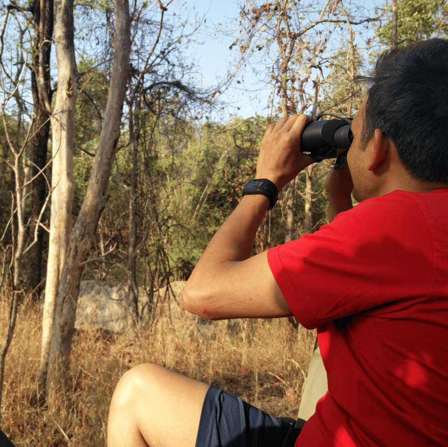 An image of a man sitting amidst the woods watching through binoculars