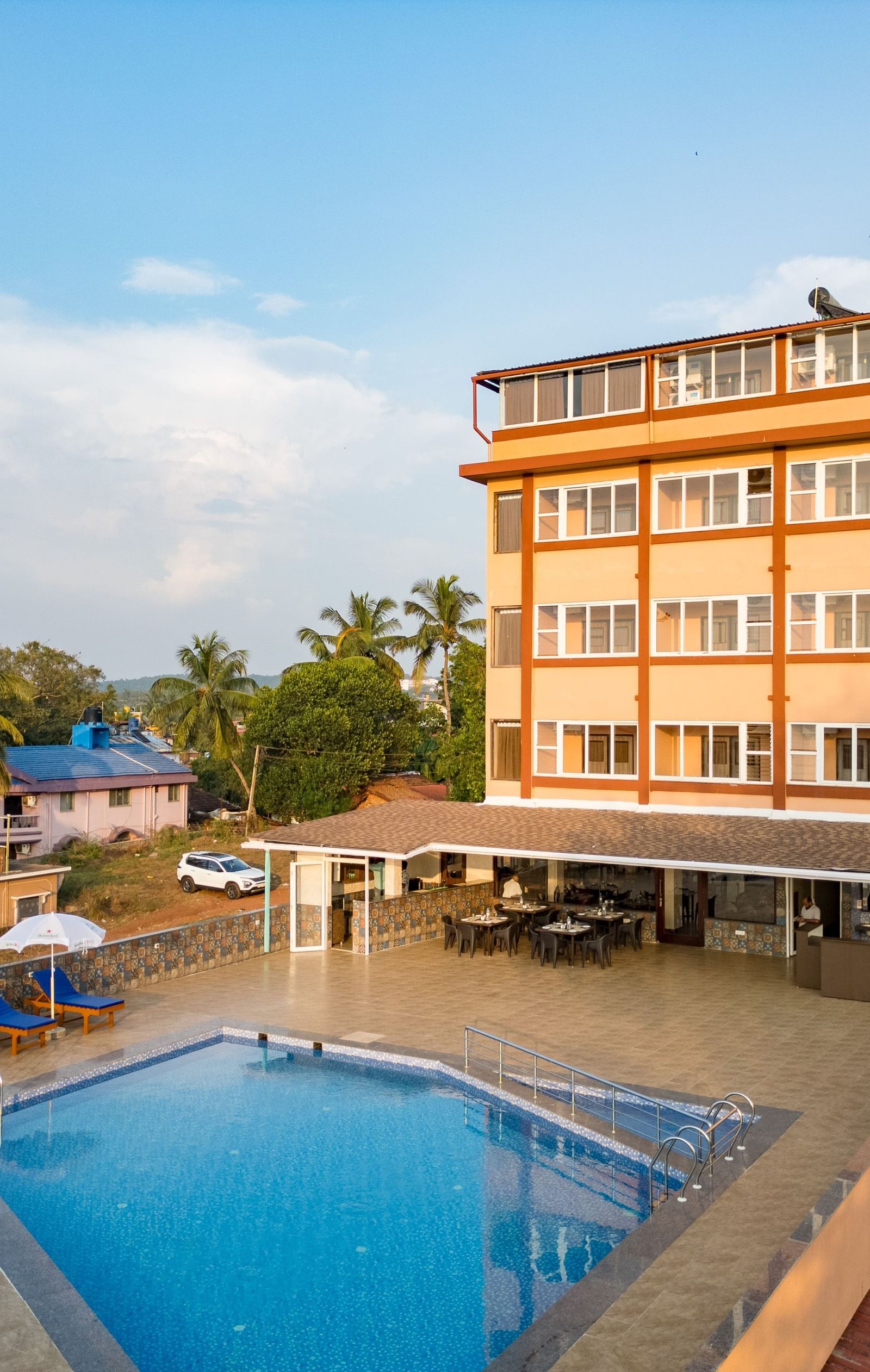 A serene view of the outdoor swimming pool surrounded by sun loungers and palm trees at Nazri The Verda, Arambol.
