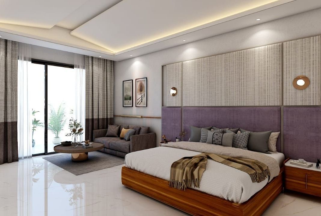 A beautiful room with ample of natural light coming from the huge french windows featuring a double bed in the room. - Namaste Corbett