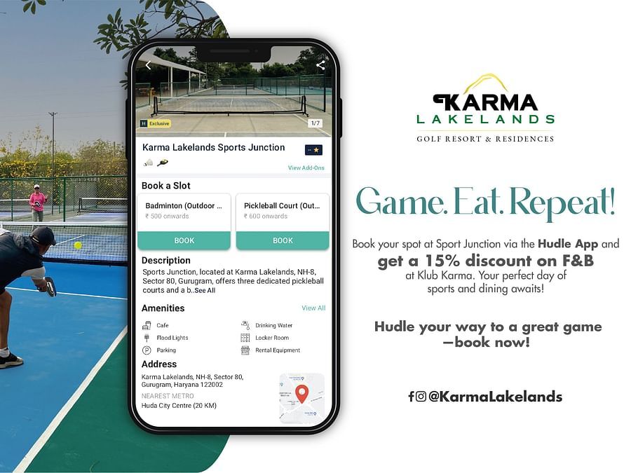 Hudle App Promotion banner showing the perks of having the app - Karma Lakelands.