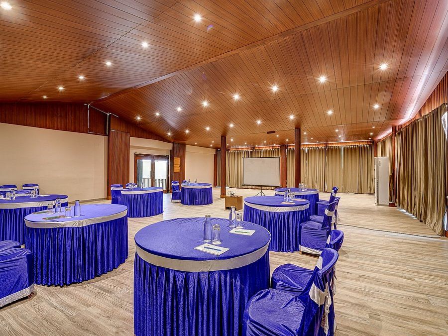 A spacious area with a round seating arrangement in the Conference Hall at Silver Sand Beach Resort, Havelock.