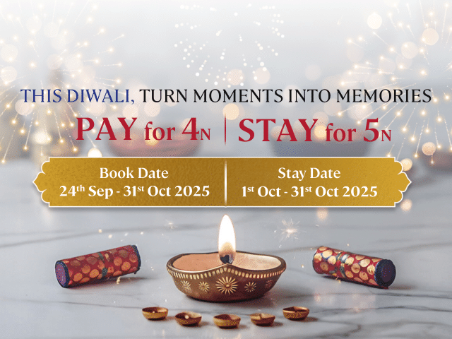  Creative of Diwali offer at Lords Hotels and Resorts, showing a diya, firecrackers, and text PAY for 4N | STAY for 5N.