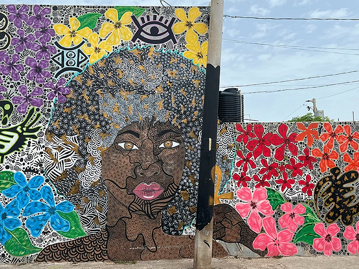 A vibrant graffiti wall with the striking image of a woman framed by flowers - S Hotel Kingston, Jamaica