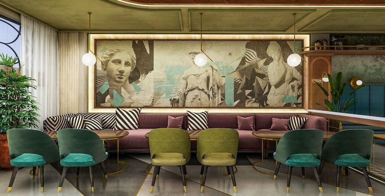 An image of a restaurant at Themis Barbecue House, Panipat featuring sofa and chairs with centre tables 