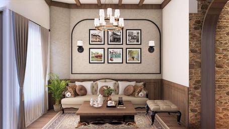 Living area with exposed wooden beams, a picture gallery wall, and a stone accent column at BluSalzz Terrah Hills Resort, Dalhousie.
