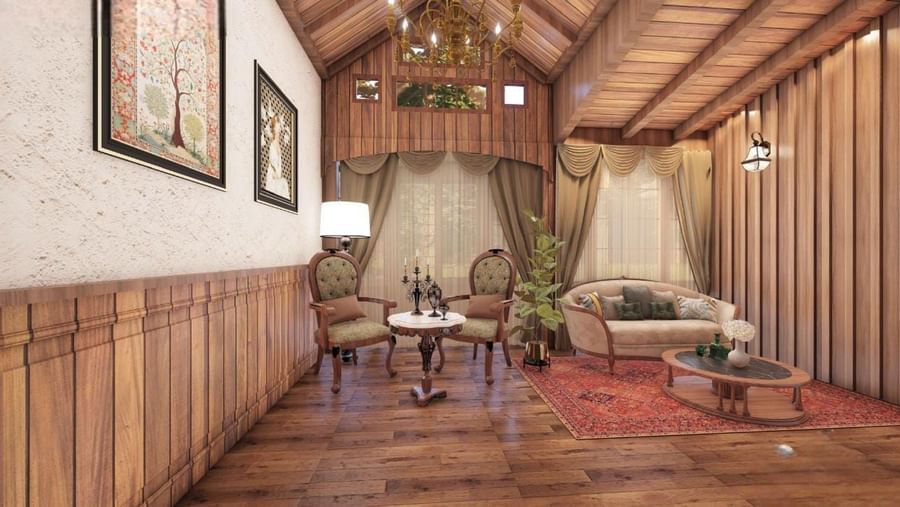 Traditional sitting room with a vaulted wooden ceiling, panelled walls, and ornate furniture set on a red rug at BluSalzz Terrah Hills Resort, Dalhousie.