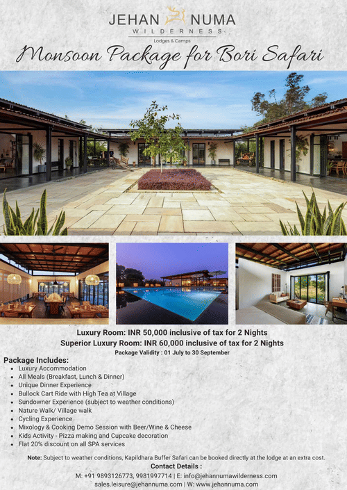 Promotional flyer for Jehan Numa Retreat monsoon package featuring courtyard photo, cosy bedroom, swimming pool, dining area, and text details of offer and amenities.