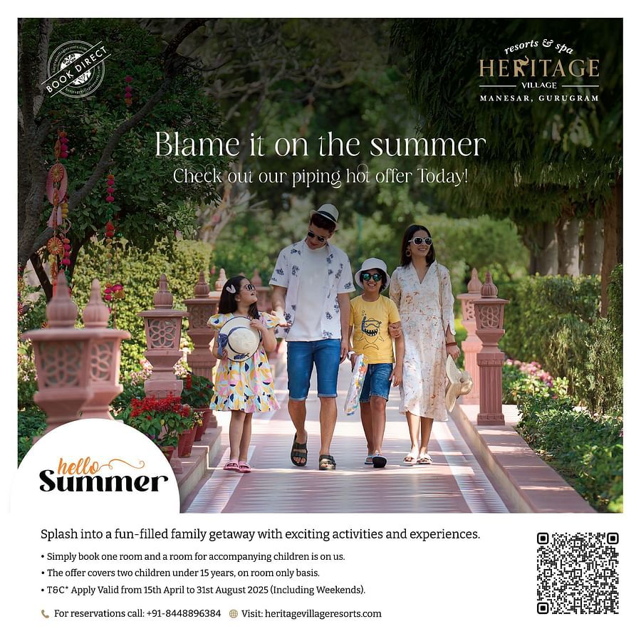 Family enjoying a summer getaway at Heritage Village Resorts & Spa Manesar, promoting a hot seasonal offer with complimentary room and meals for children