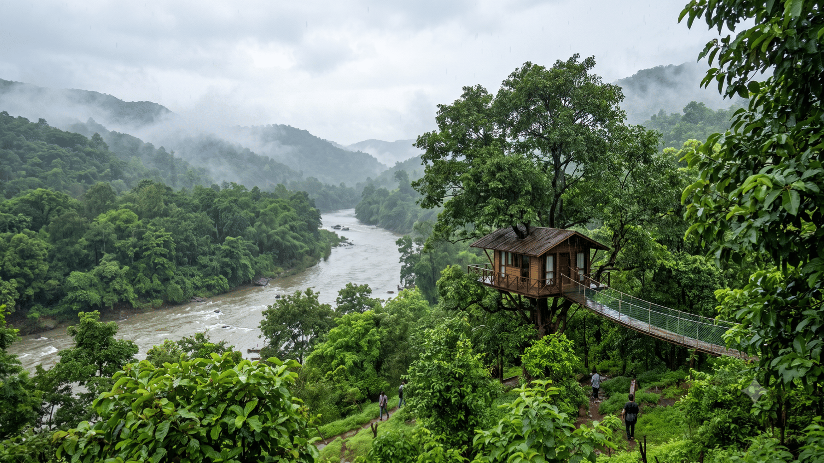 Nature getaways near Mumbai in monsoon with forest river and treehouse