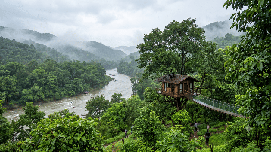 Nature getaways near Mumbai in monsoon with forest river and treehouse