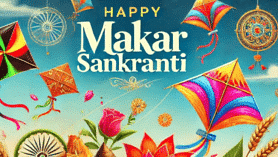 The image indicating lots of kites flying in the sky and it titled, Happy Makar Sankranti